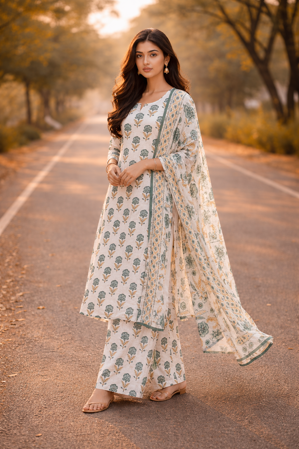 Floral Print Kurta, Palazzo & Dupatta Set