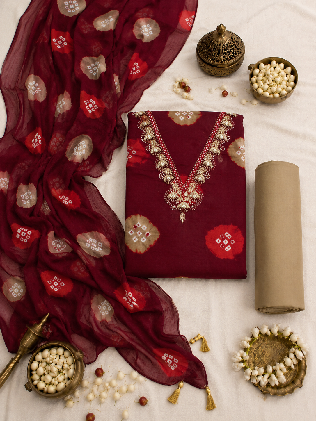 Bandhej Print Cotton Unstitched Suit Set with Pure Chiffon Dupatta