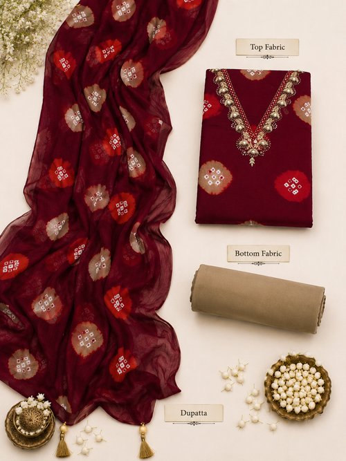 Bandhej Print Cotton Unstitched Suit Set with Pure Chiffon Dupatta