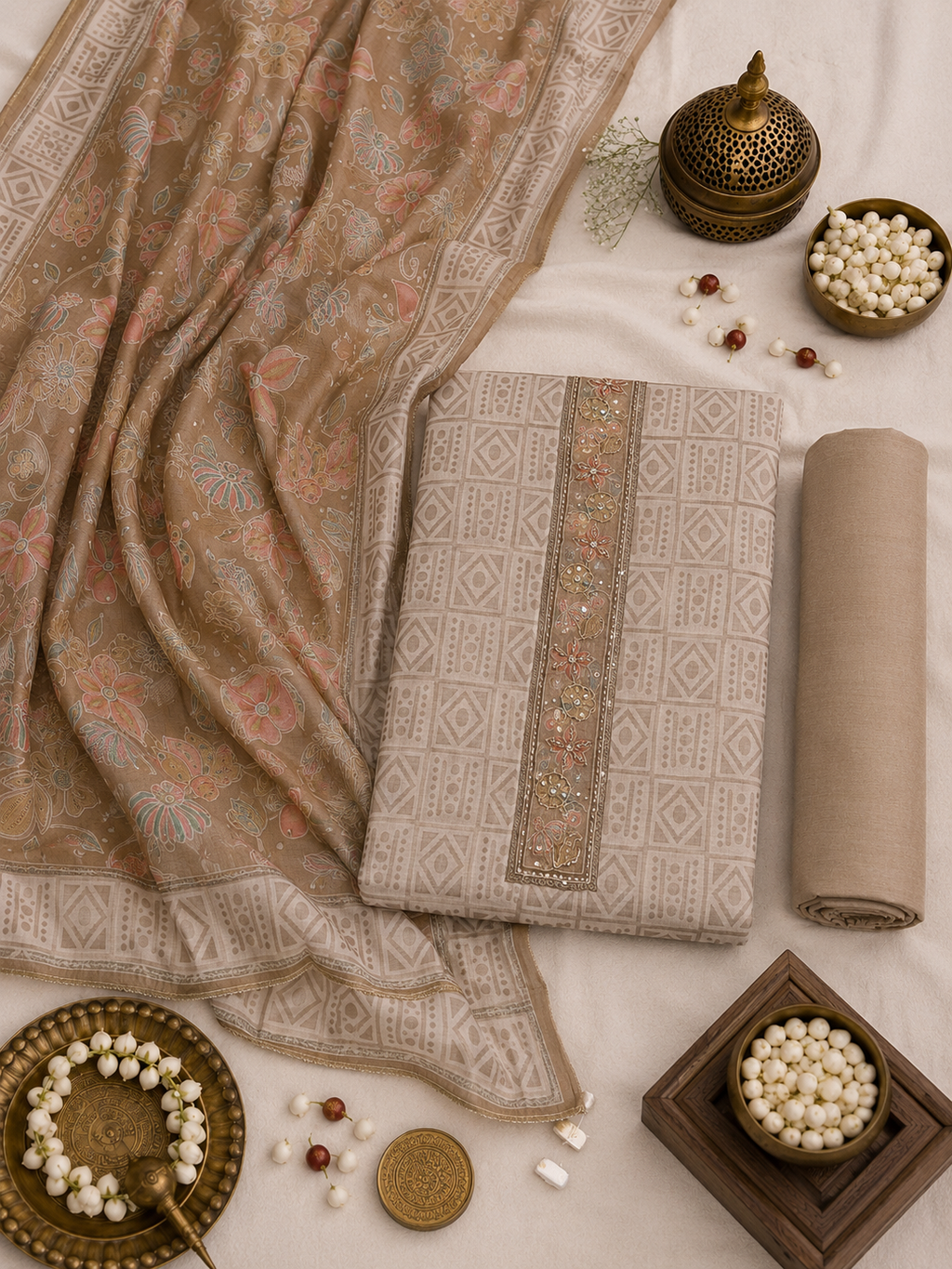 Jhamdhani Cotton Unstitched Suit with Jhamdhani Cotton Dupatta