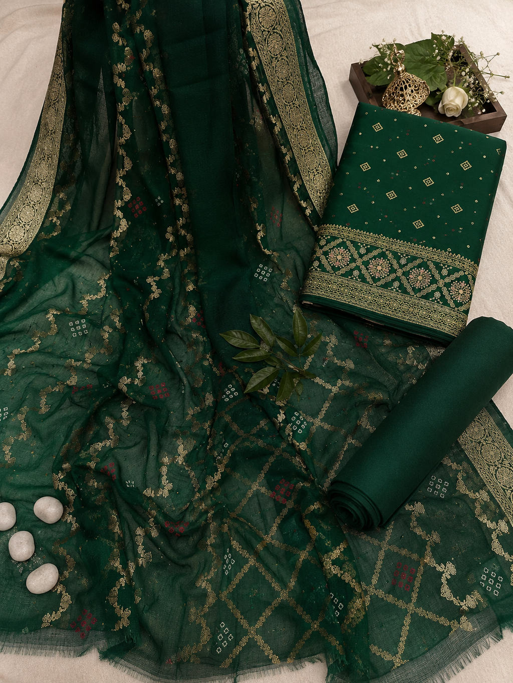 Zari Bagh Bandhej Unstitched Suit