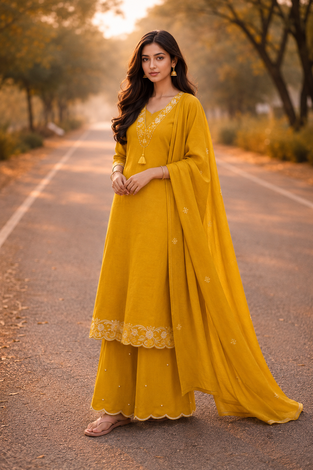 Mustard Bloom Cotton Embroidered Suit Set