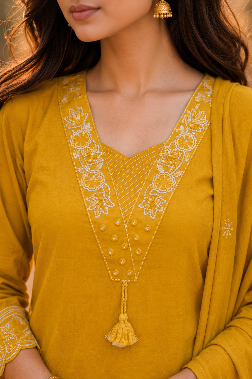 Mustard Bloom Cotton Embroidered Suit Set