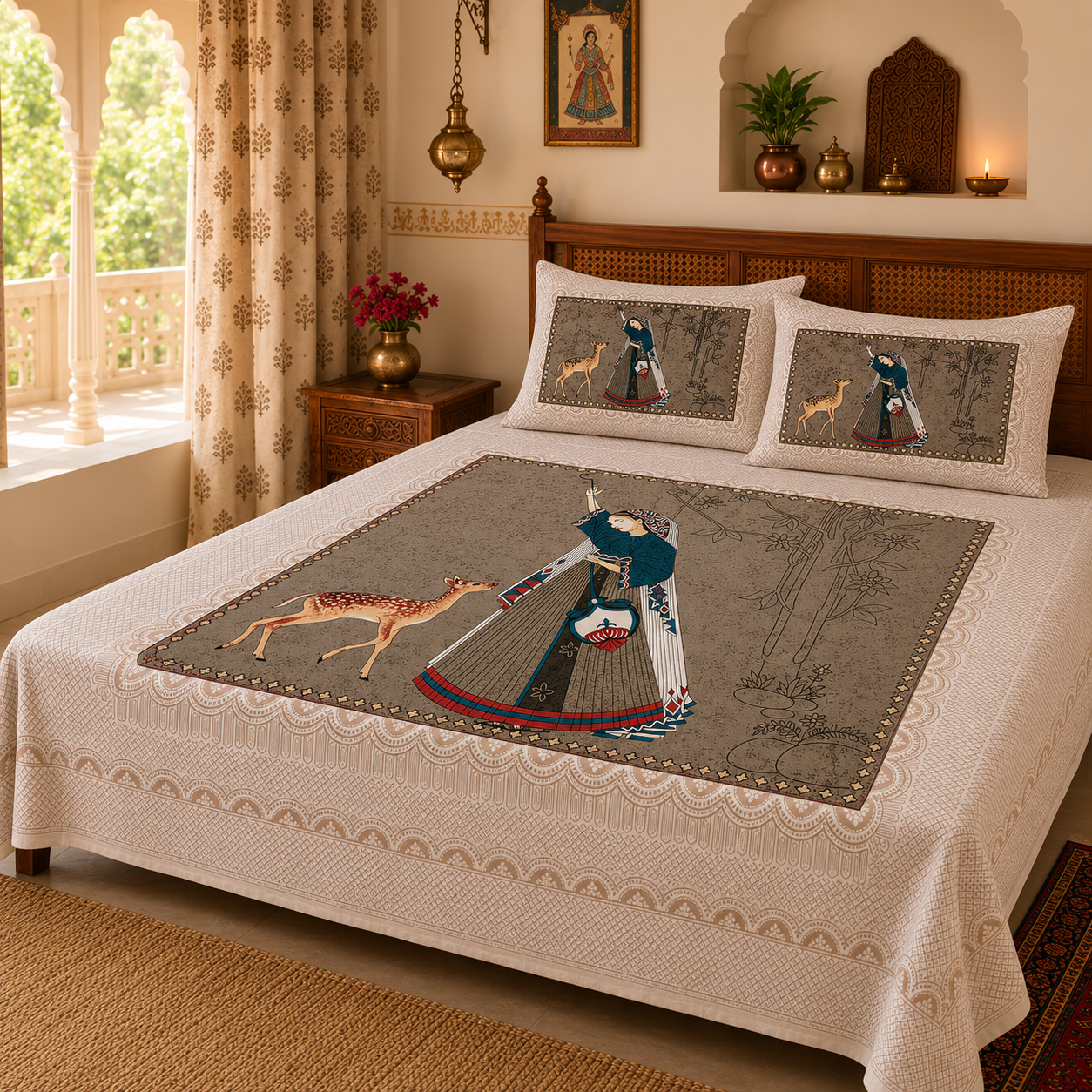 Jaipuri Print/Rajasthani Arts- Cotton King size Bedsheet (90x108 inch)