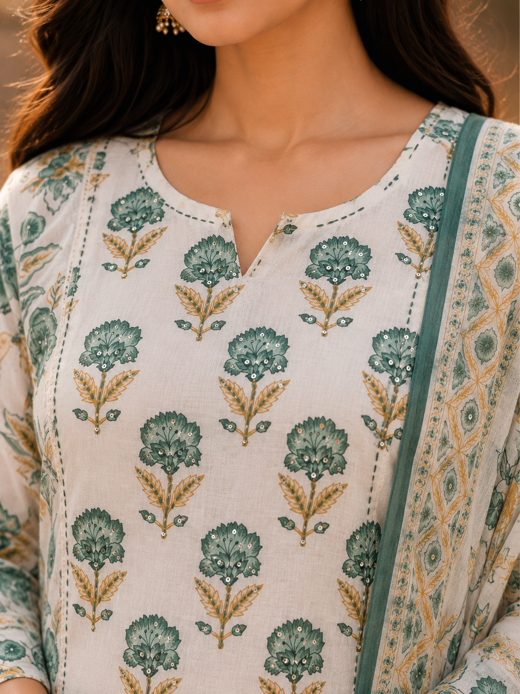 Floral Print Kurta, Palazzo & Dupatta Set