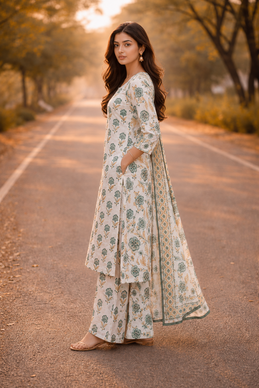Floral Print Kurta, Palazzo & Dupatta Set