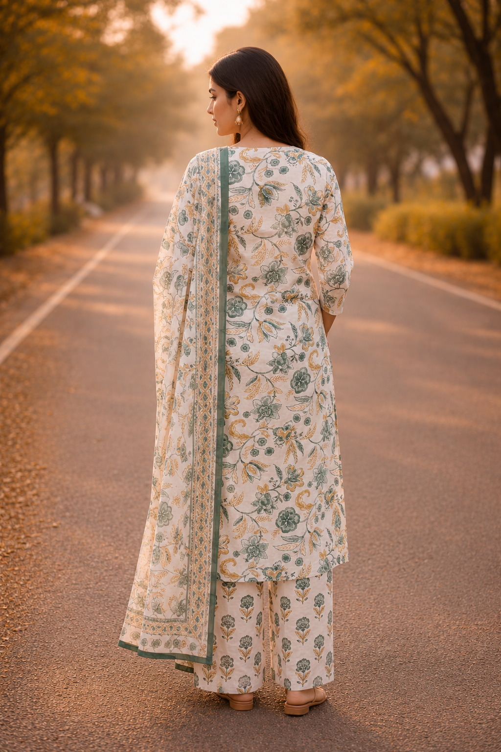 Floral Print Kurta, Palazzo & Dupatta Set