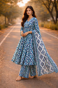 Flared Kurta set paired with Mulmul cotton Dupatta