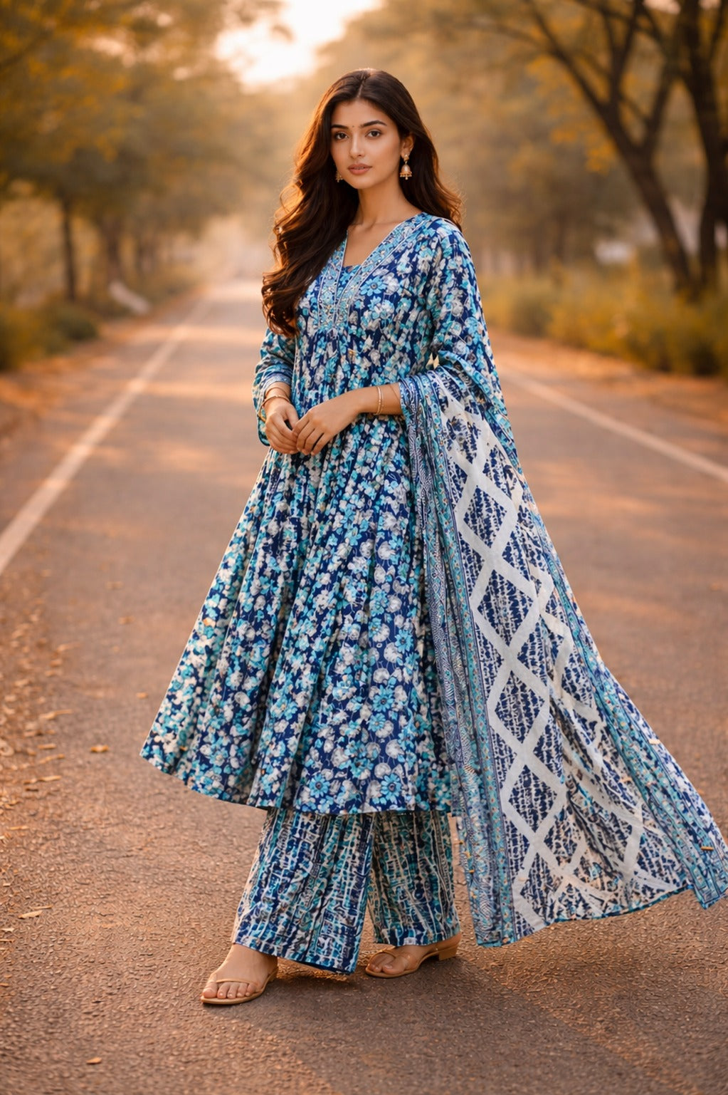 Flared Kurta set paired with Mulmul cotton Dupatta
