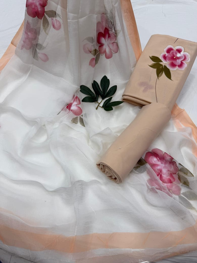 Brush Paint Cotton Suit with Chiffon Dupatta