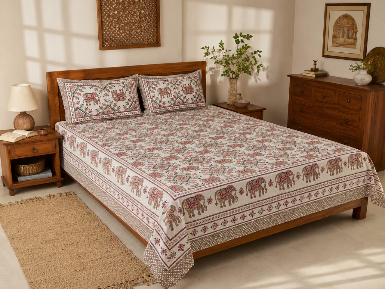 Elephant Print Cotton King Size Bedsheet (90*108)