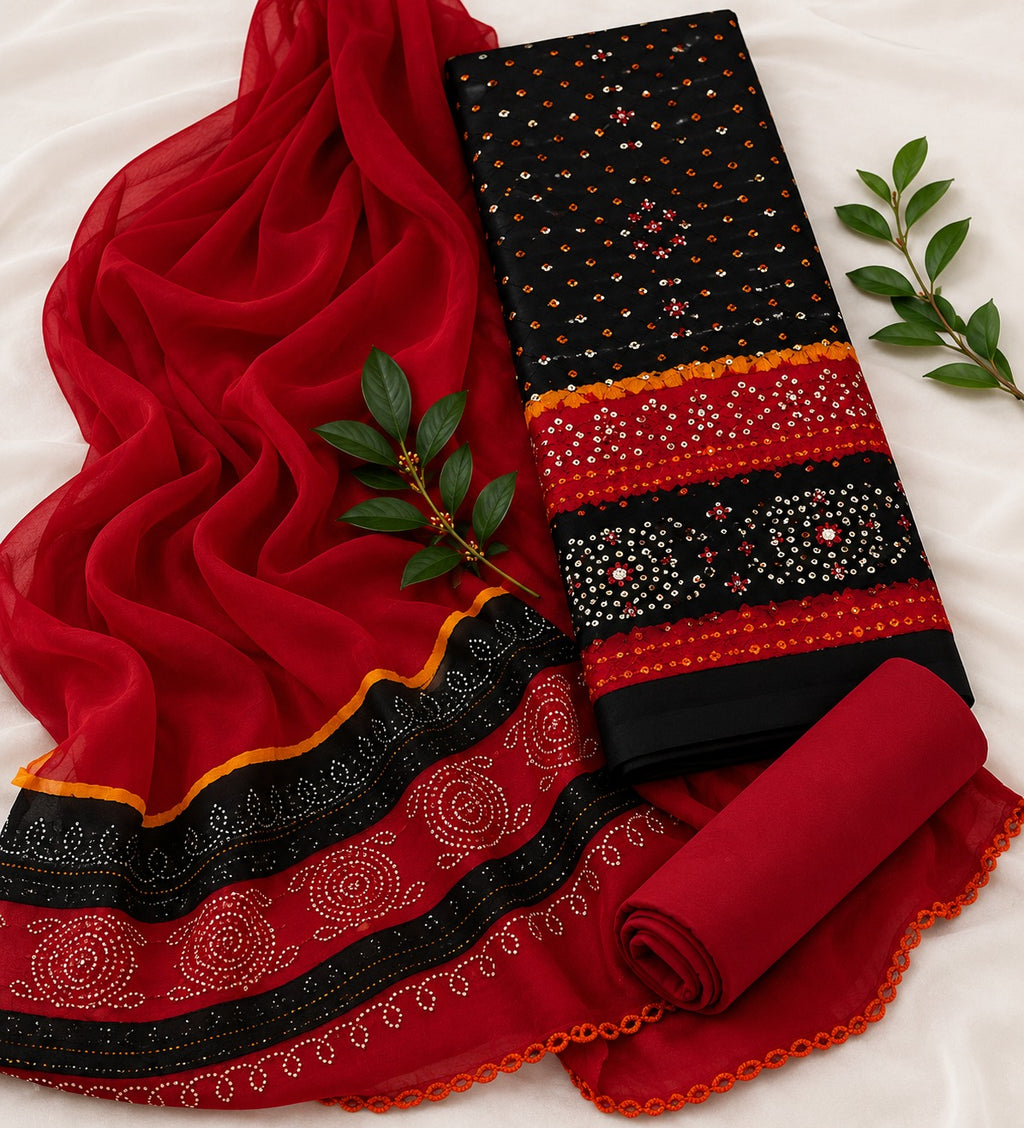 Bandhej Cotton Suit Set with Chiffon Dupatta