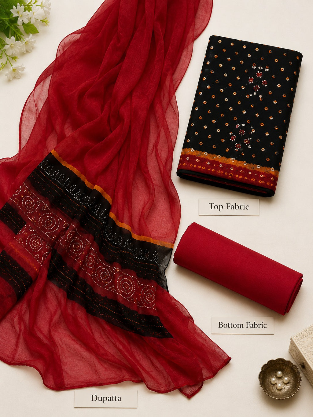 Bandhej Cotton Suit Set with Chiffon Dupatta