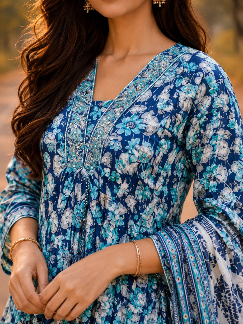 Flared Kurta set paired with Mulmul cotton Dupatta