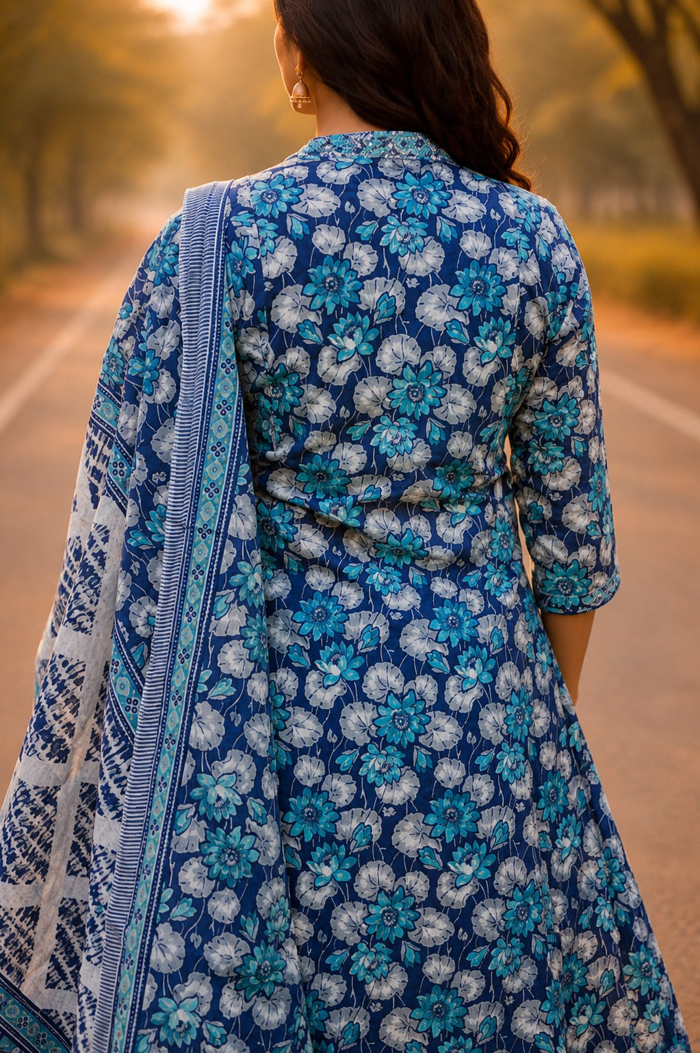 Flared Kurta set paired with Mulmul cotton Dupatta