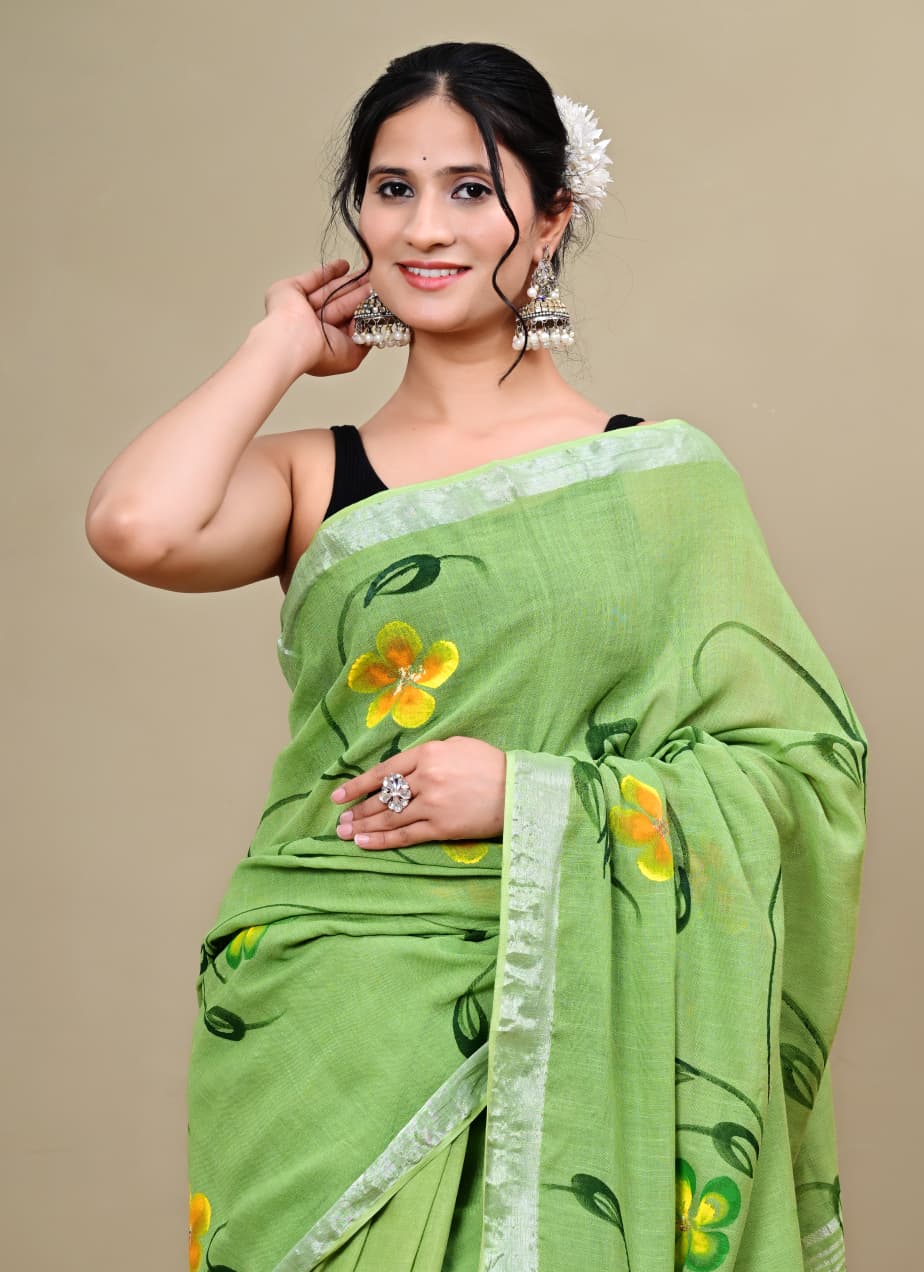 Brush Painted Linen Sarees With Silver Zari Border