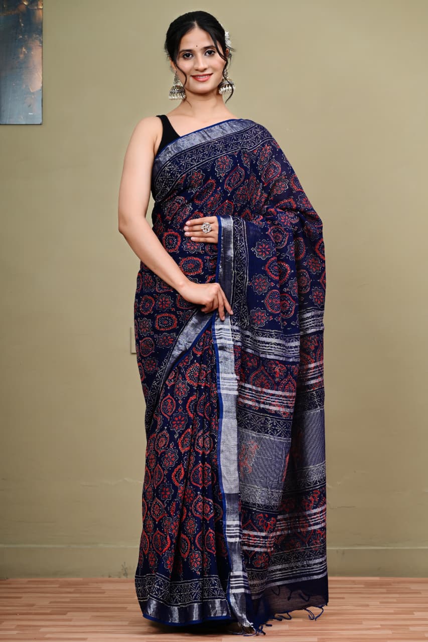 Hand-block Printed Linen Saree with Silver Zari border