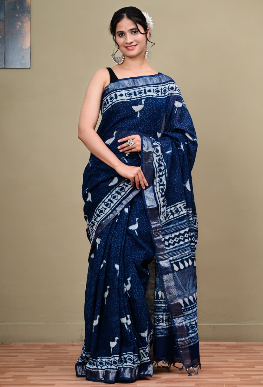 Hand-block Printed Linen Saree with Silver Zari border