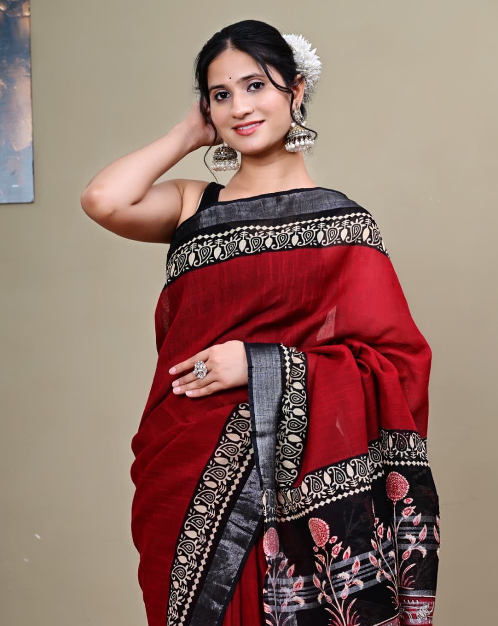 Hand-block Printed Linen Saree with Silver Zari border