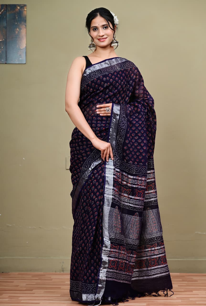 Hand-block Printed Linen Saree with Silver Zari border