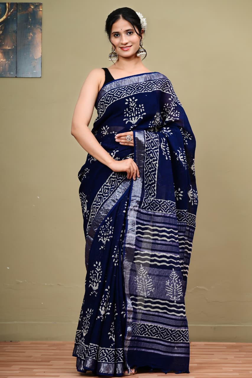 Hand-block Printed Linen Saree with Silver Zari border