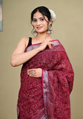 Hand-block Printed Linen Saree with Silver Zari border
