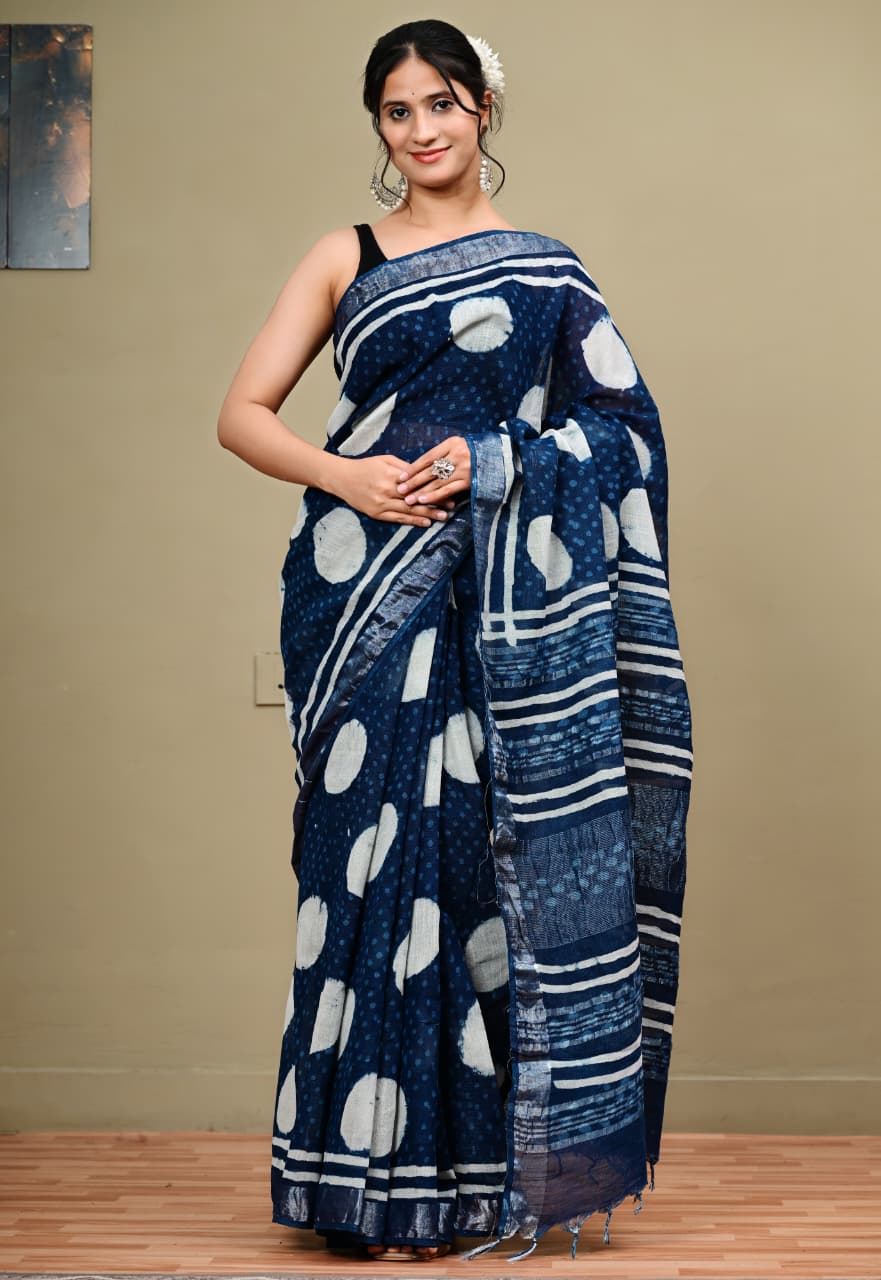 Hand-block Printed Linen Saree with Silver Zari border
