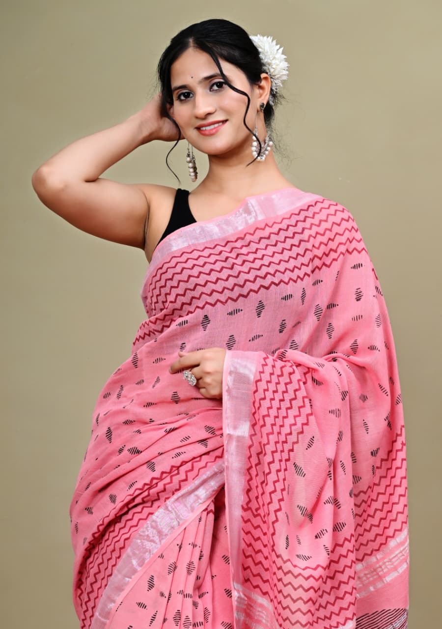 Hand-block Printed Linen Saree with Silver Zari border