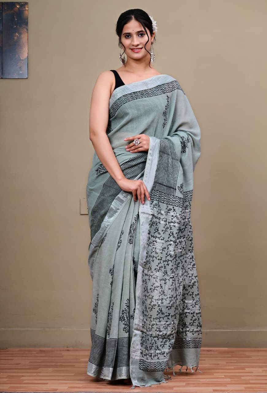 Hand-block Printed Linen Saree with Silver Zari border