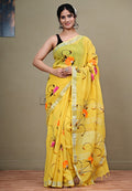 Brush Painted Linen Sarees With Silver Zari Border