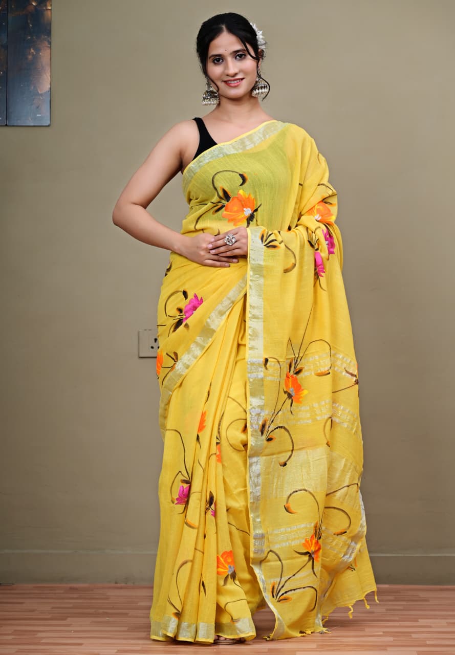 Brush Painted Linen Sarees With Silver Zari Border