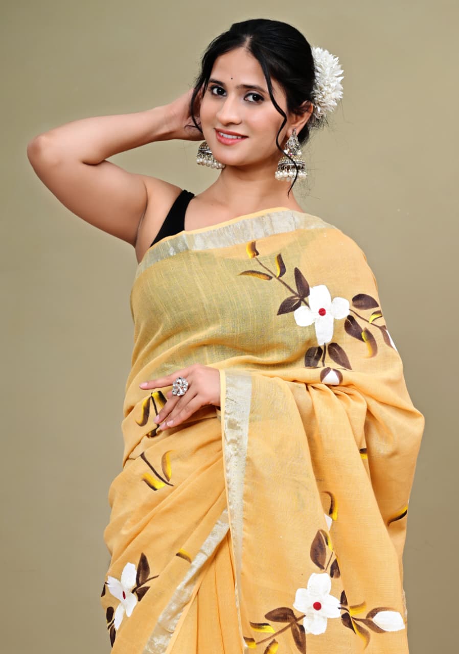 Brush Painted Linen Sarees With Silver Zari Border