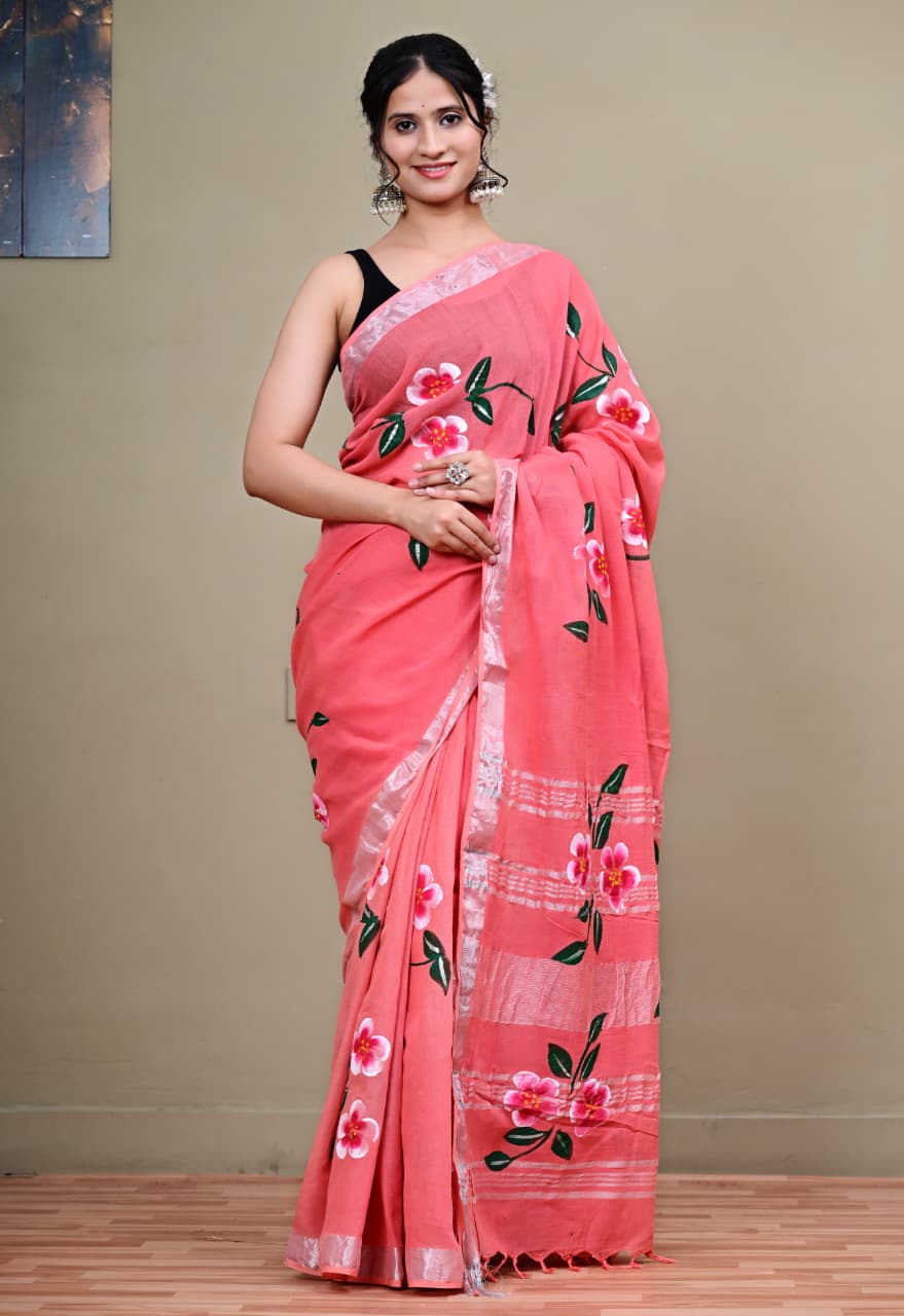 Brush Painted Linen Sarees With Silver Zari Border