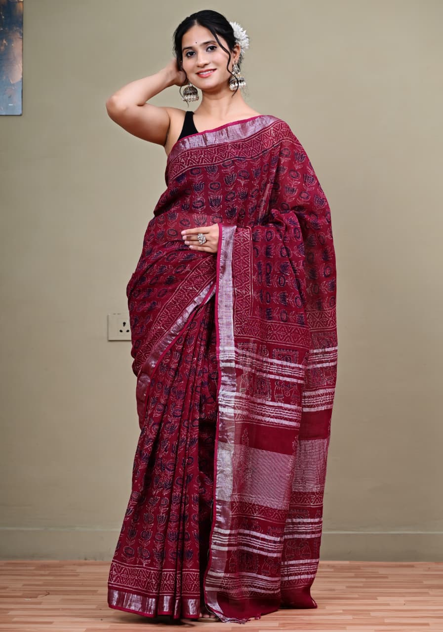 Hand-block Printed Linen Saree with Silver Zari border
