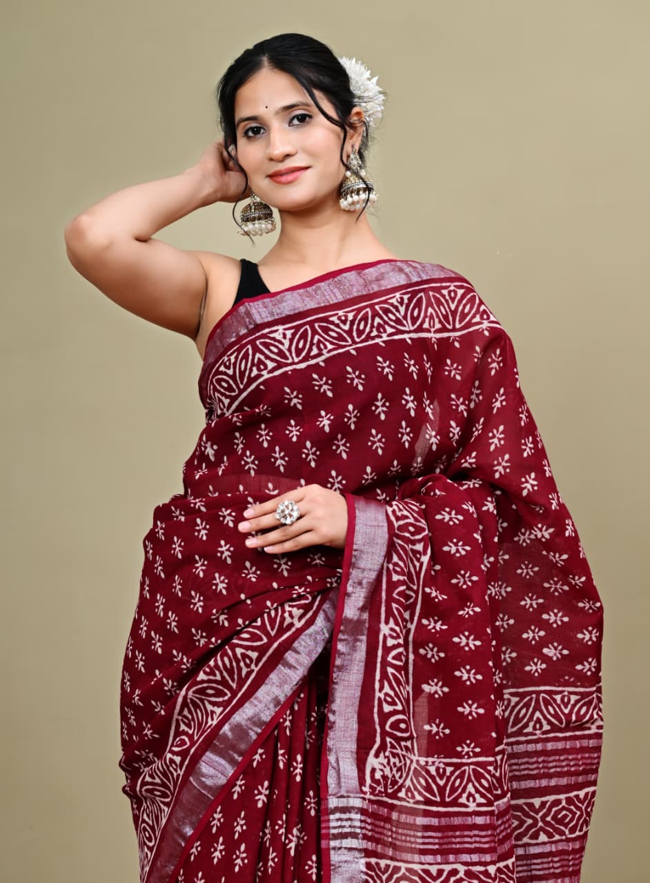 Hand-block Printed Linen Saree with Silver Zari border