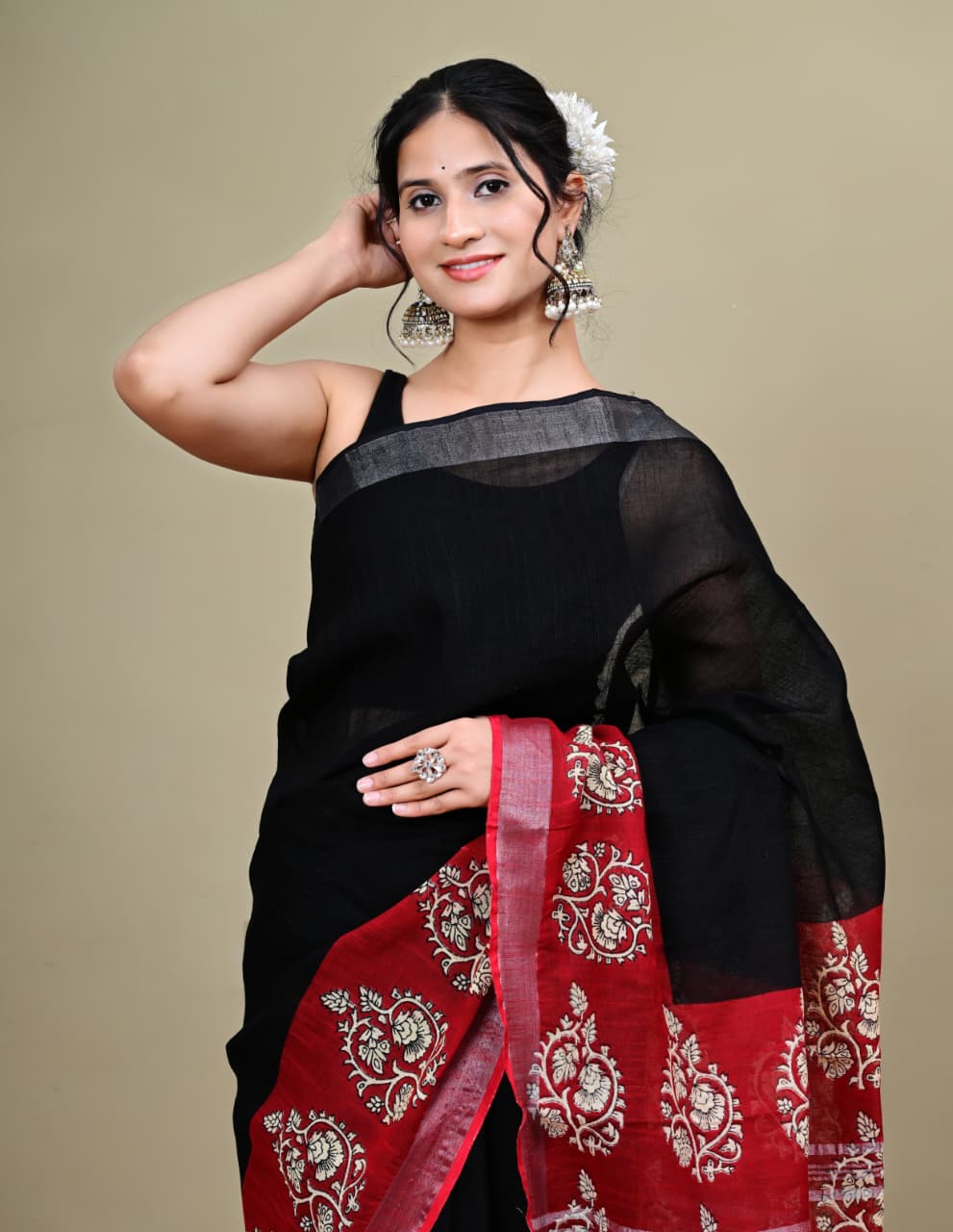 Hand-block Printed Linen Saree with Silver Zari border