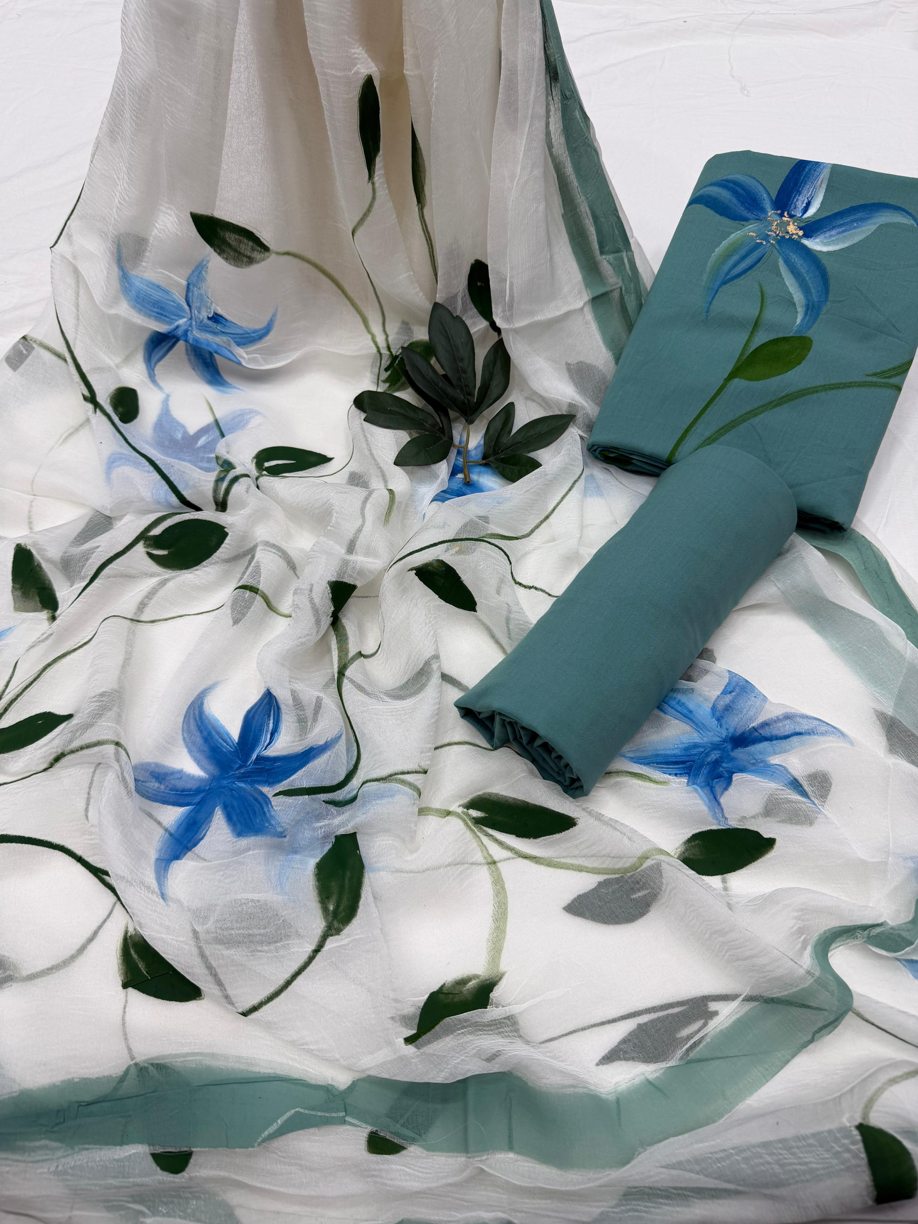 Brush Paint Cotton Suit with Chiffon Dupatta